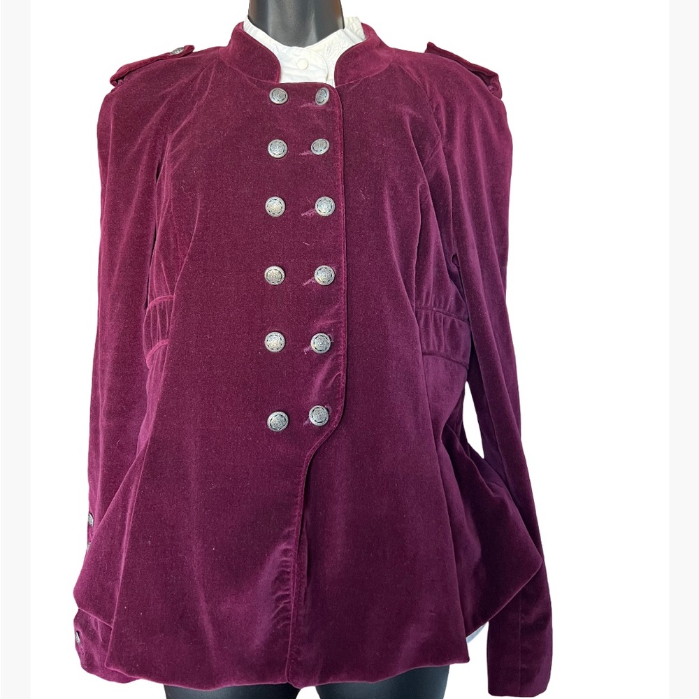 bebe Women's Burgundy Velveteen Military Style Double Breasted Jacket size L!
